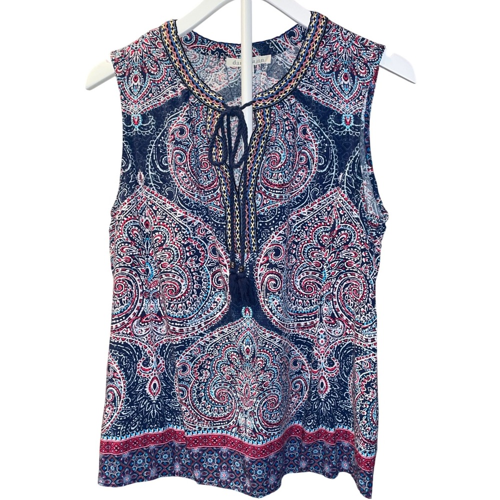 Daniel Rainn Boho Paisley Sleeveless Tunic Top Women's Navy Tassel Blouse - Picture 2 of 8
